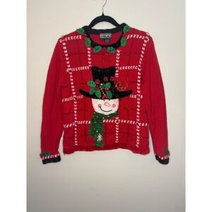 Vintage Berek by Saxo Christmas Snowman Beaded‎ Sequined Sweater Cardinal Sz M